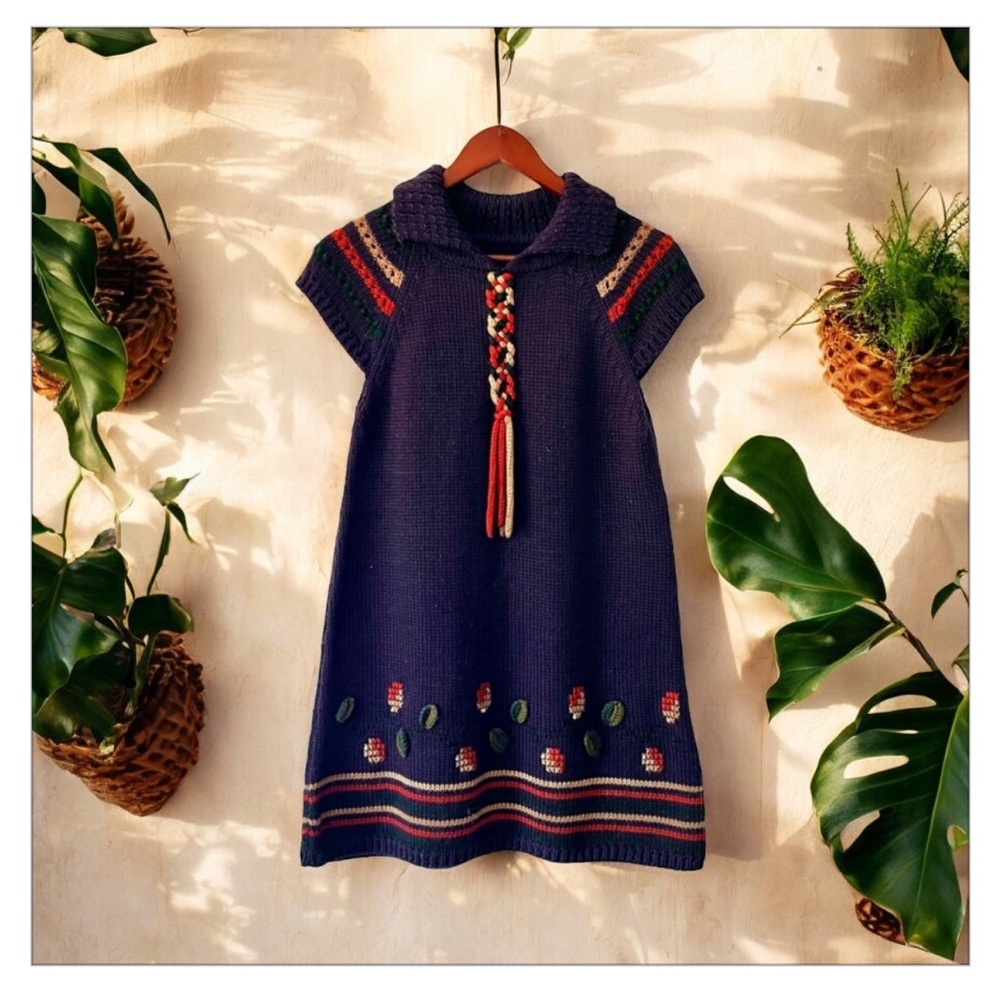 Stunning VTG Handmade Scandinavian Embroidered Knit Dress -Folkart-Boho-EUC-Sz S